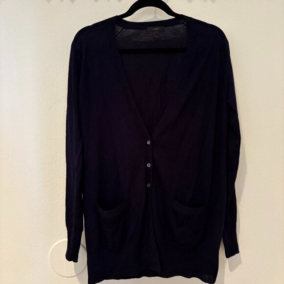 JCREW | Navy Merino Wool Long Cardigan Sweater | Front Pockets | L - Picture 1 of 4